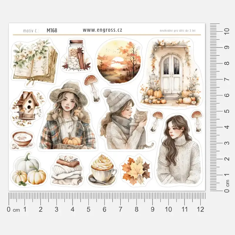 Watercolor samolepky do diáře s dýněmi, šálkem kávy, svetry a podzimními dekoracemi.