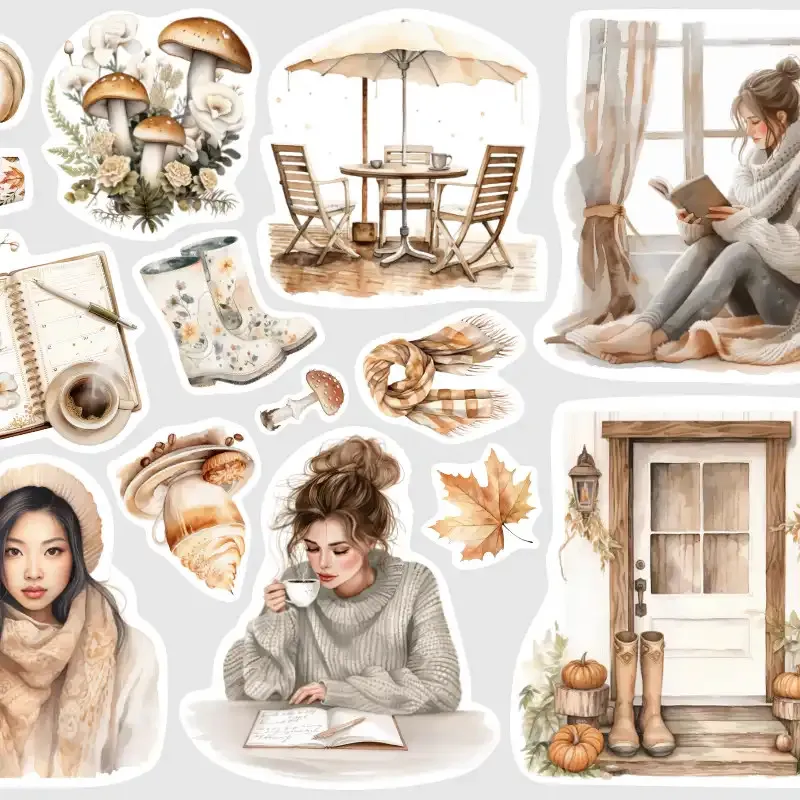 Akvarelové samolepky do diáře s motivy podzimního deště, klidného čtení, horkého nápoje v přírodním stylu.