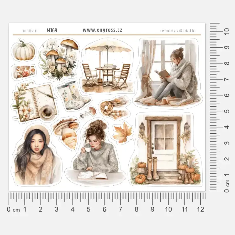 Podzimní samolepky s ilustracemi žen, dýní, listí, holínek a útulných zátiší – pro journaling a plánování.