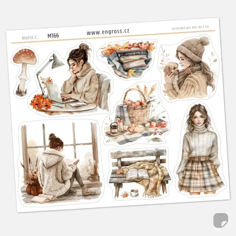Samolepky s motivy podzimního plánování – piknik, knihy, posezení na lavičce pro bullet journal i diář.
