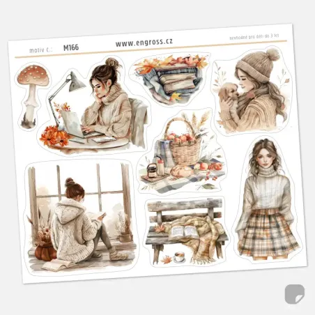 Samolepky s motivy podzimního plánování – piknik, knihy, posezení na lavičce pro bullet journal i diář.