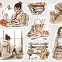 Watercolor samolepky do diáře s ilustracemi podzimních zátiší – lavička se šálou, koš s jablky a klidné chvíle s knihou.
