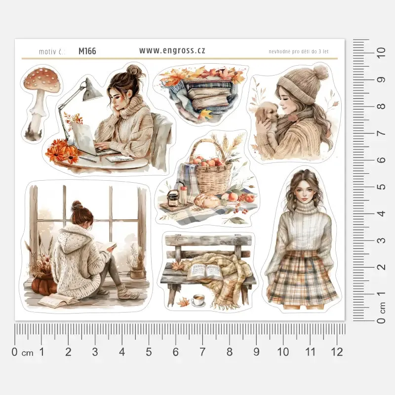 Aršík samolepek s jemnými ilustracemi podzimu – knihy, houby, piknik a hygge nálada v béžových barvách.