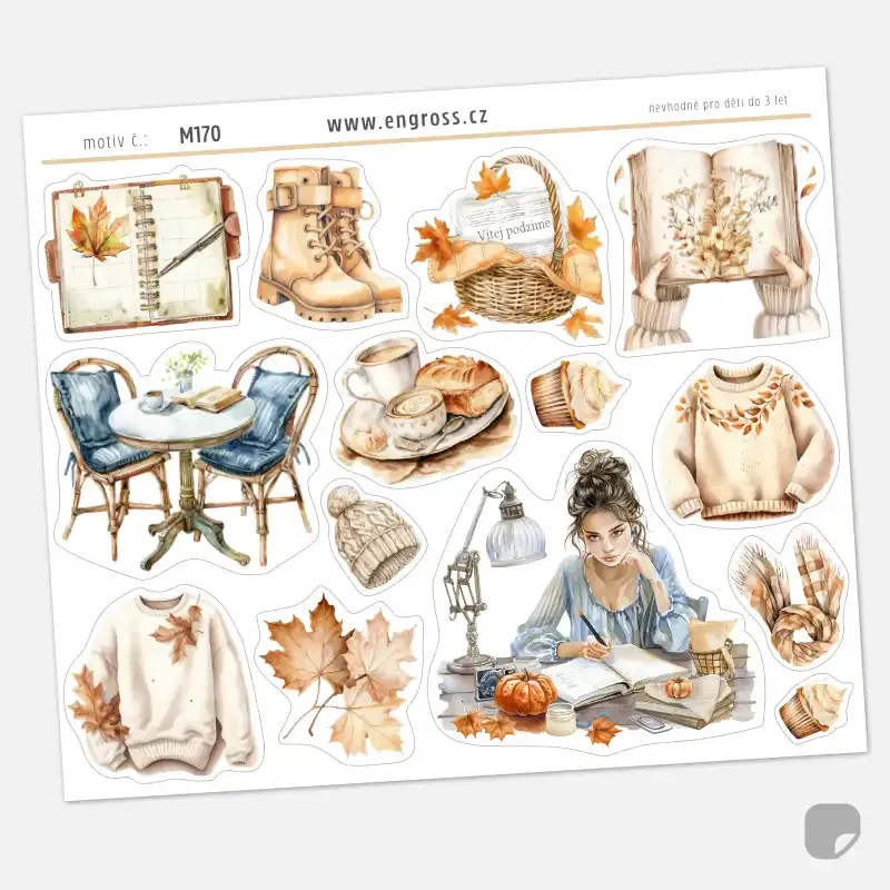 Samolepky s motivy podzimního plánování – svetry, boty, káva, knihy a dekorace pro bullet journal i diář.