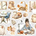 Akvarelové samolepky do diáře s ilustracemi podzimních zátiší – stůl s kávou, listy, šála a klidné chvíle u zápisníku.