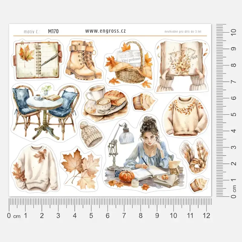 Aršík samolepek s jemnými ilustracemi podzimu – boty, svetry, knihy, dekorace a hygge nálada v béžových barvách.