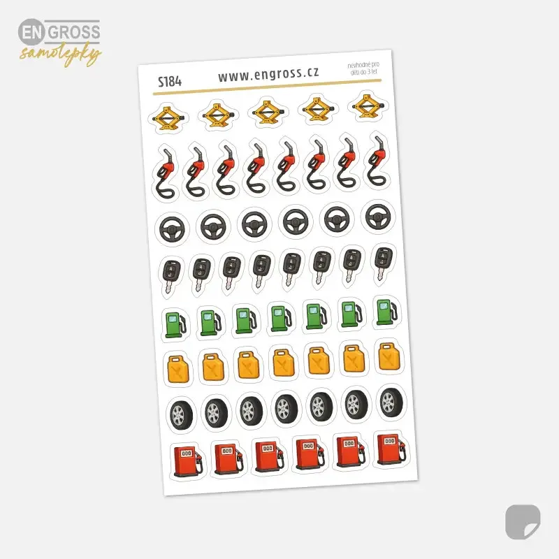 Aršík barevných samolepek do diáře s motivy tankování, výměny pneumatik, jízdy v autě a auto servisu.
