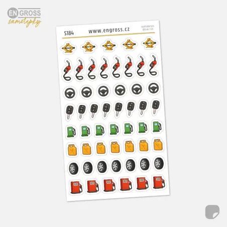 Aršík barevných samolepek do diáře s motivy tankování, výměny pneumatik, jízdy v autě a auto servisu.