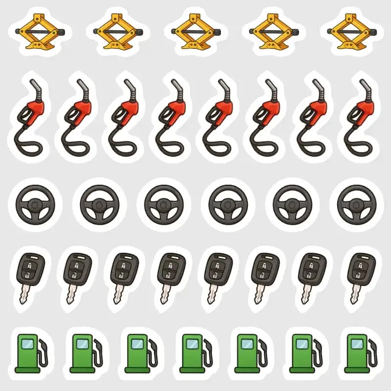 Minisamolepky – ikony čerpacích stojanů, klíčů, kol, volantů a dalších auto činností.