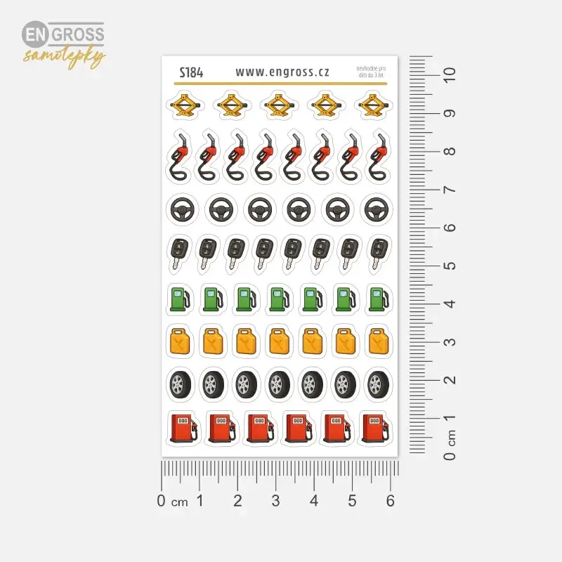 Ekonomický aršík s 54 samolepkami pro plánování údržby auta – vhodné pro bullet journal i klasický diář.