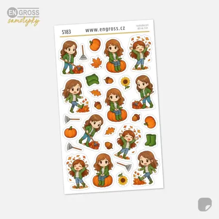 Podzimní mini samolepky do diáře s Brunetkou – hrabání listí a dýně.