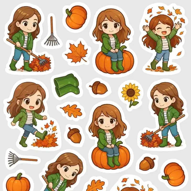 Aršík malých podzimních samolepek – Brunetka v listí a podzimní dekorace