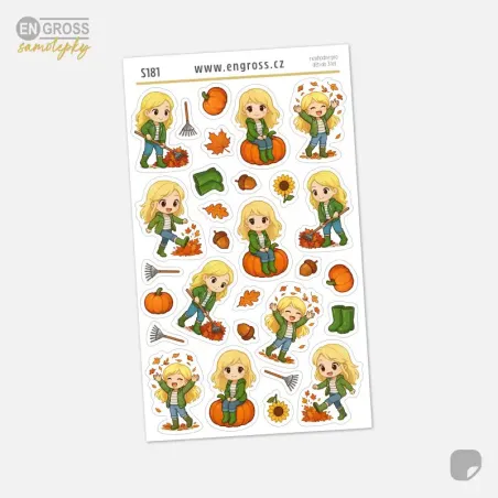 Aršík mini samolepek Blondýnka s dýněmi a podzimním listím do diáře.