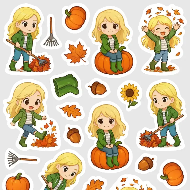 Podzimní samolepky do bullet journalu – Blondýnka hrabe listí a užívá si podzim.