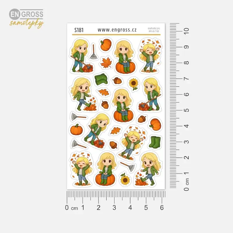 Podzimní aršík nálepek Blondýnka – dýně, listí, hrábě a zahradní radovánky