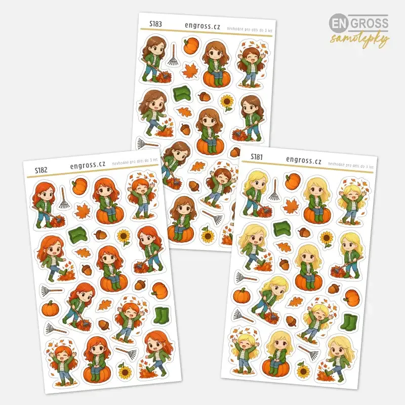 Mini samolepky pro plánování – podzimní motivy s Brunetkou, Blondýnkou a Zrzkou, hrábě a listí