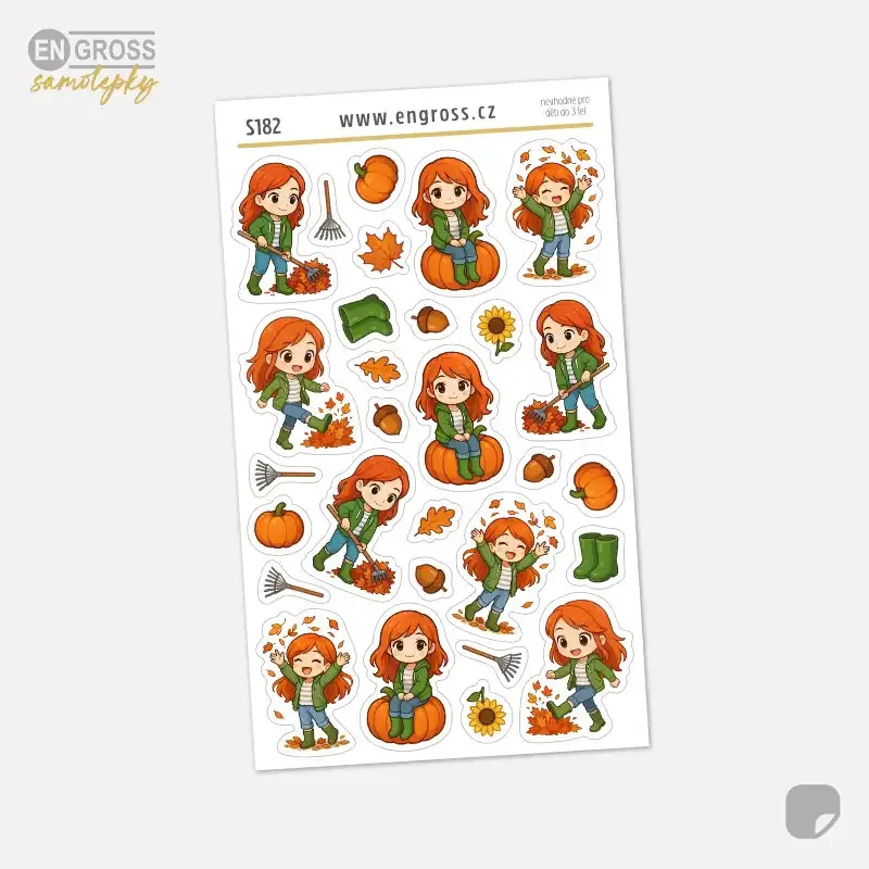 Podzimní mini samolepky do diáře se Zrzkou – hrabání listí a dýně