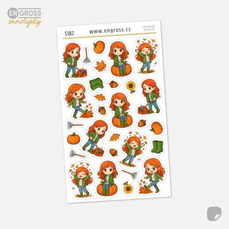 Podzimní mini samolepky do diáře se Zrzkou – hrabání listí a dýně