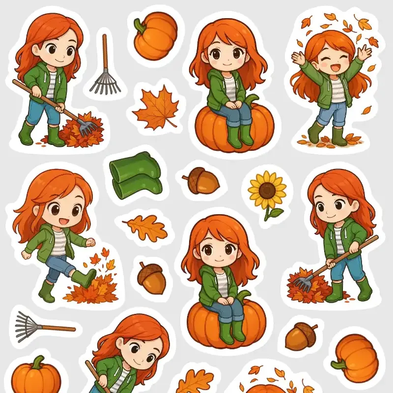 Aršík malých podzimních samolepek – Zrzka v listí a podzimní radosti