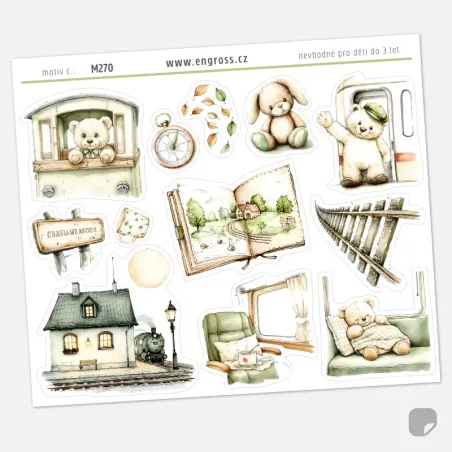 Arch nálepek s malým medvídkem, jak cestuje vlakem.