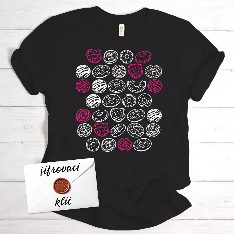 Černé dárkové tričko e zašifrovaným vzkazem pro milovníky donutů a slakostí.