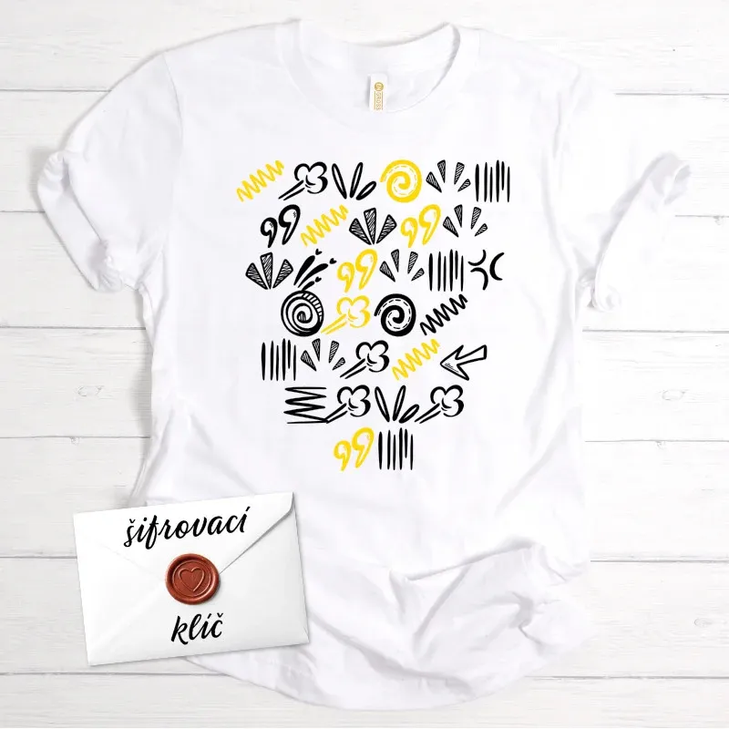 Originální tričko s tajným vzkazem zašifrovaným do doodle symbolů - bílé.