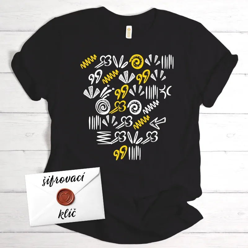 Originální tričko s tajným vzkazem zašifrovaným do doodle symbolů - černé,