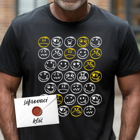 Veselé tričko s osobním vzkazem ukrytým v obrázcích ručně kreslených smajlíků.