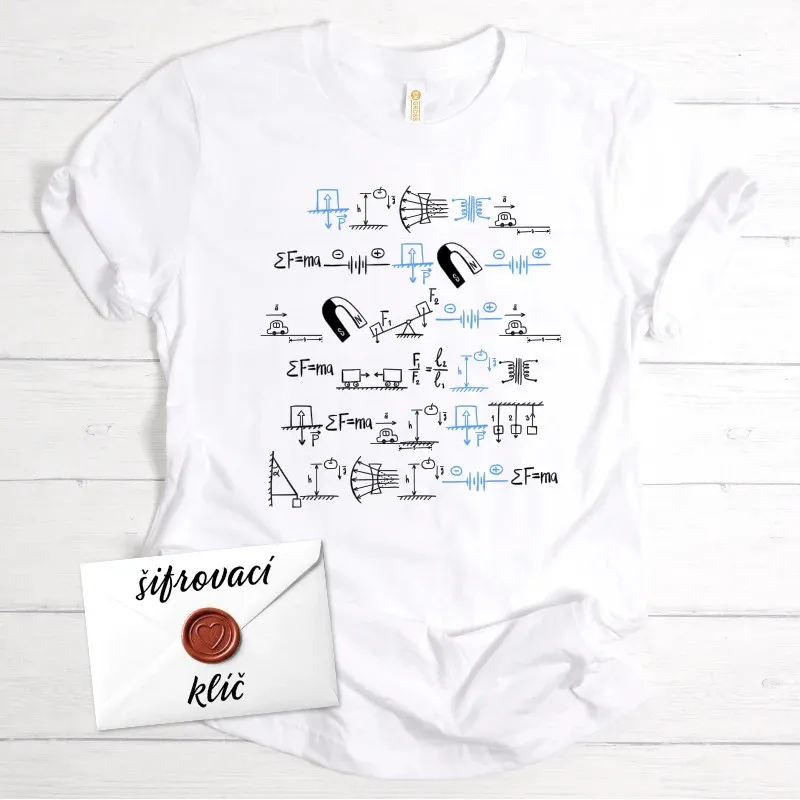 Bílé tričko se vzkazem, zašifrovaným do fyzikálních vzorců, dárek pro studenty.