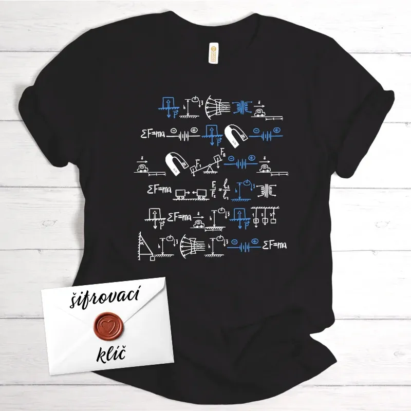 Černé tričko se vzkazem, zašifrovaným do fyzikálních vzorců, dárek pro studenty.