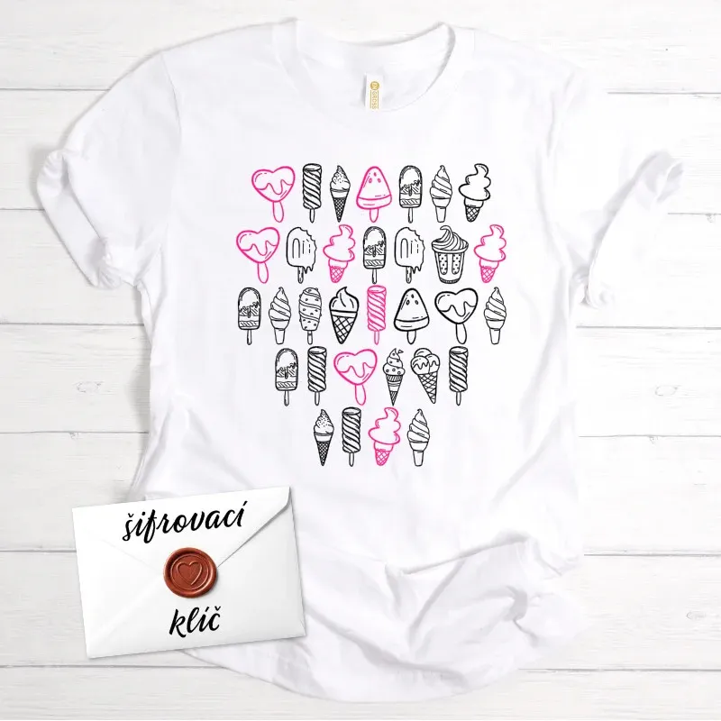 Tričko se vzkazem zašifrovaným do obrázků zmrzlin - bílé.