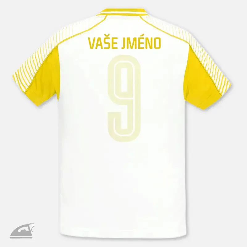 Žlutý nažehlovací potisk jména nebo názvu sportovního klubu na záda dresu - dětské, výroba na přání.