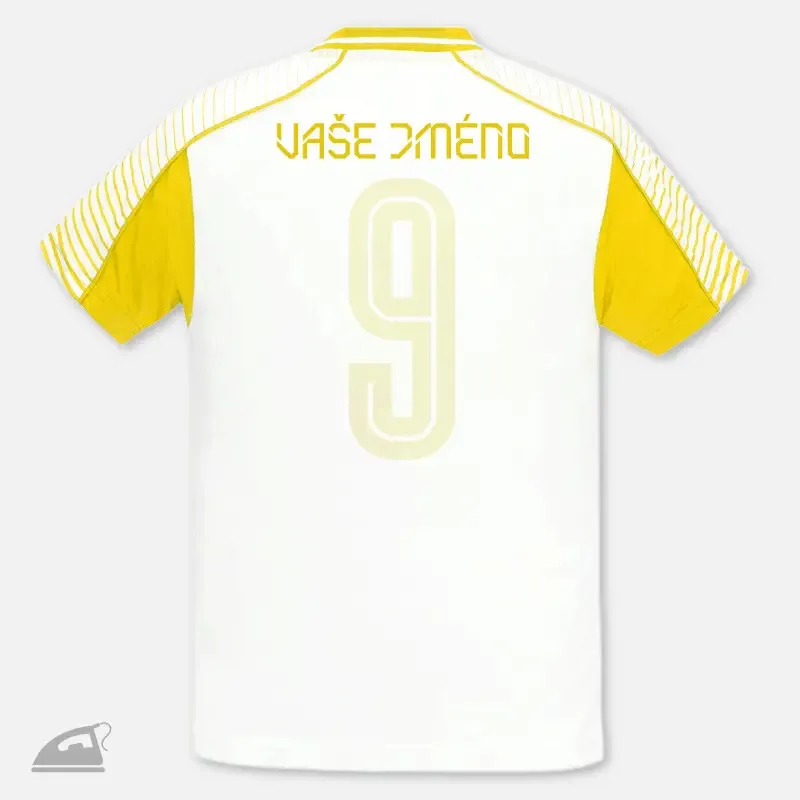 Žlutý nažehlovací potisk jména nebo názvu sportovního klubu na záda dresu - dětská velikost, výroba na přání.