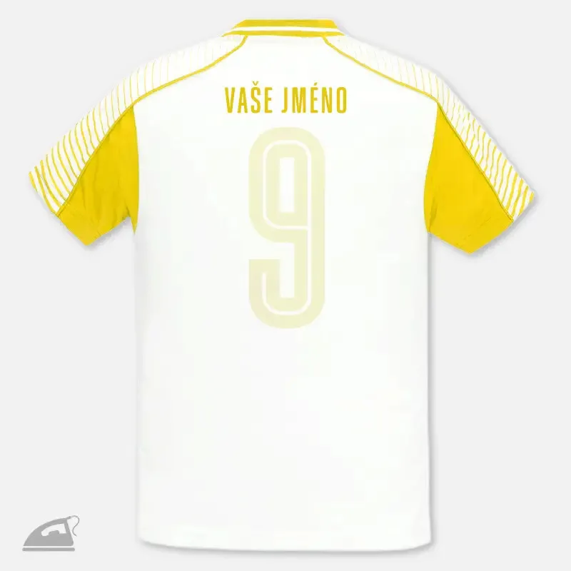 Žlutý nažehlovací potisk jména dítěte nebo názvu sportovního klubu na záda sportovního dresu - výroba na přání.