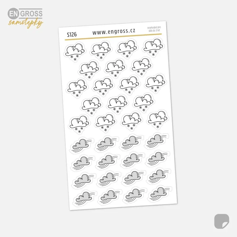 Mini samolepky do diáře Počasí - vítr, sněžení. Ručně kreslené v doodle stylu.