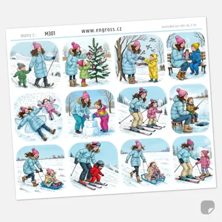 Samolepky do diáře - máma a děti při zimních radovánkách na sněhu.