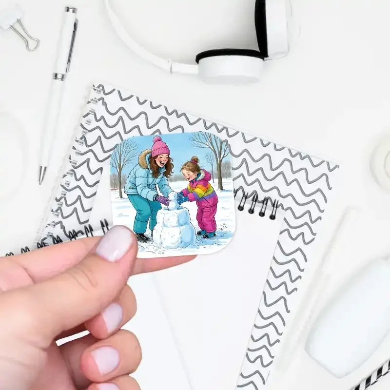 Samolepka do diáře - máma a dcera staví iglů ze sněhu.