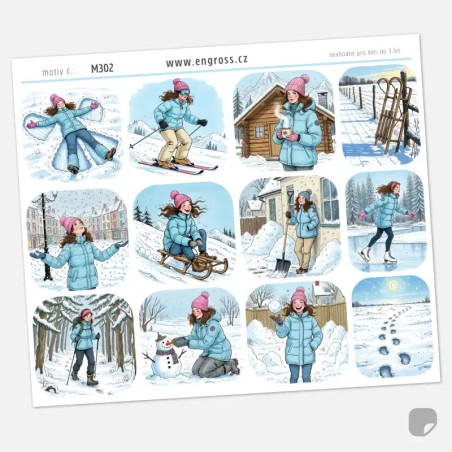 Samolepky do diáře - Slečna a zimní radovánky na sněhu.