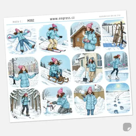 Samolepky do diáře - Slečna a zimní radovánky na sněhu.