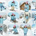 Samolepky do diáře - Slečna lyžuje, sáňkuje, bruslí, kouluje se a staví sněhuláka.