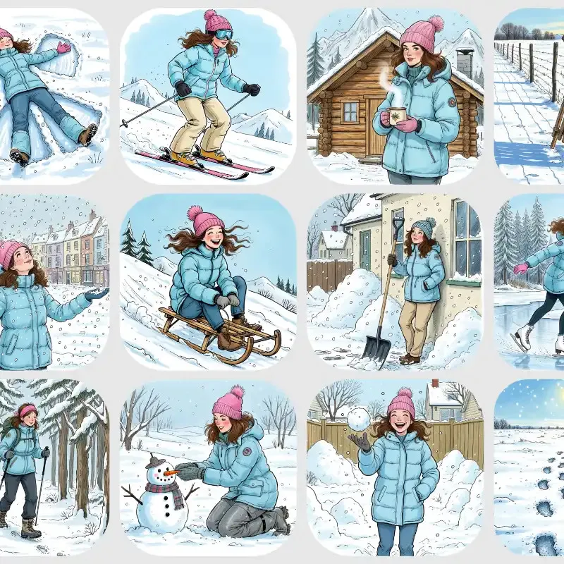 Samolepky do diáře - Slečna lyžuje, sáňkuje, bruslí, kouluje se a staví sněhuláka.