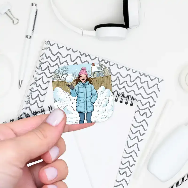 Samolepky do diáře - slečna při koulování na sněhu.