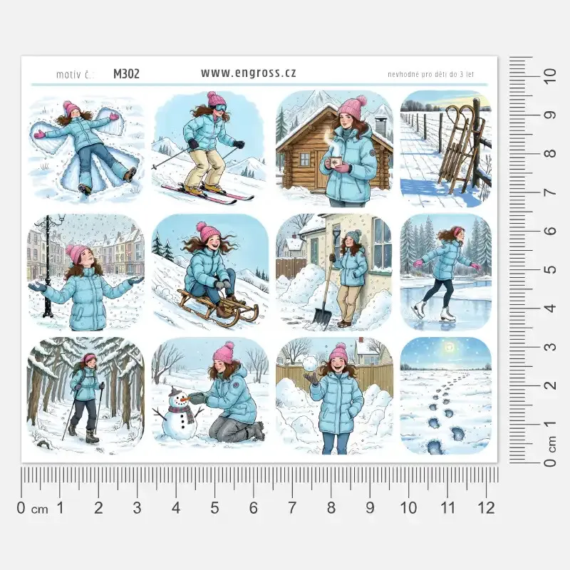 Zimní samolepky do diáře - Slečna při lyžování, bruslení hrabání sněhu i zimní túře.