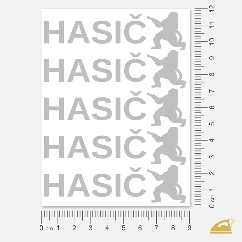 Malý nápis HASIČ se siluetou hasiče - reflexní nažehlovačka na textil.