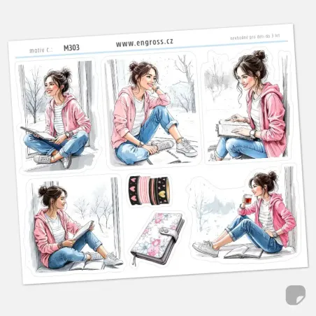 Samolepky do diáře ve stylu Pencil Sketch - Zimní výhled z okna.