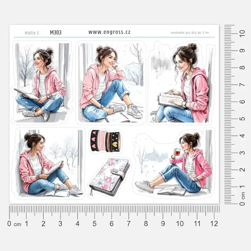 Zimní samolepky do diáře - Mladá žena s diáře a výhled z okna.