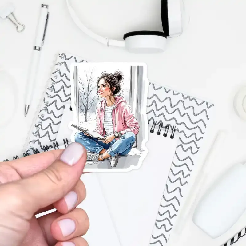 Samolepka - mladá žena s diářem sedí na parapetu s výhledem do zasněžené krajiny.