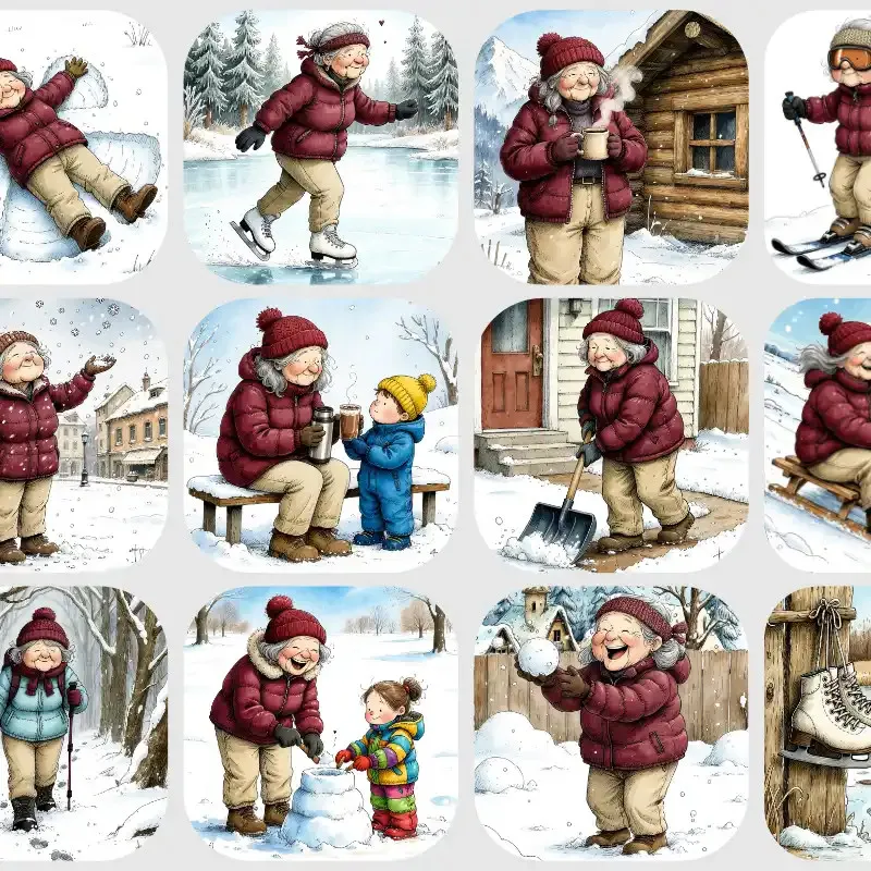 Zimní samolepky pro plánování - Babča na sněhu.