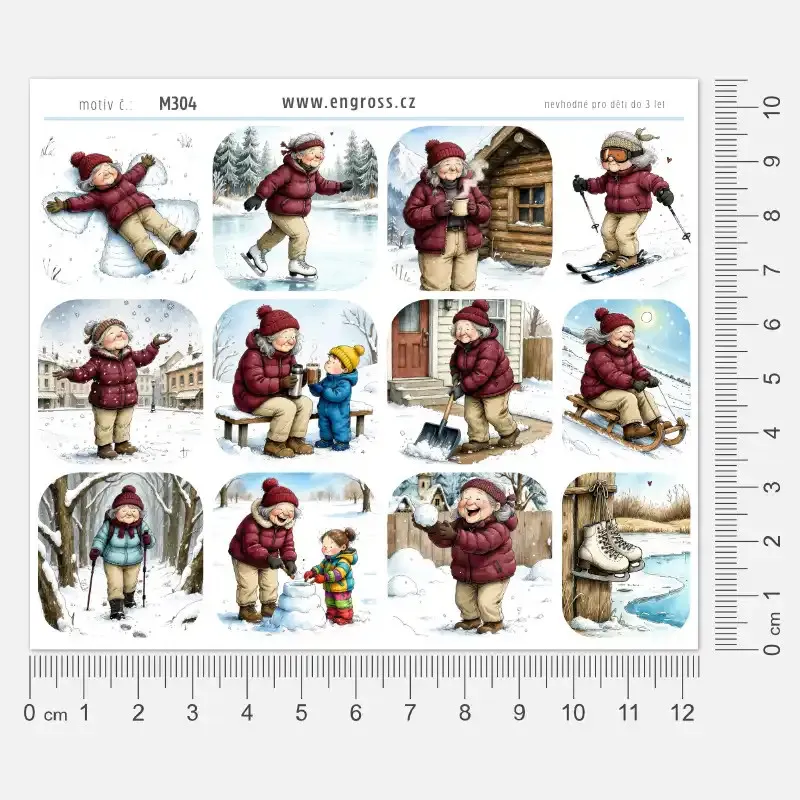 Samolepky pro plánování v diáři - babička a zimní radovánky na sněhu.