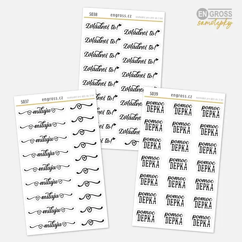 Textové samolepky do diáře sjednocené elegantním psacím písmem.